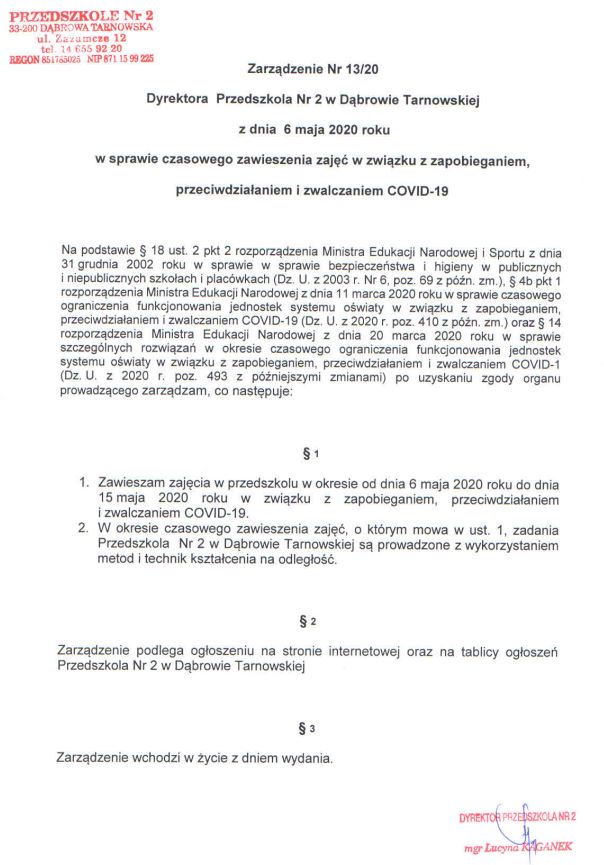 Zarządzenie Dyrektora Przedszkola Nr 2 w sprawie czasowego zawieszenia zajęć